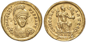 Arcadio (383-408) Solido (Costantinopoli) Busto elmato di fronte - R/ Costantinopoli seduta di fronte - RIC 7 AU (g 4,41) Ribattuto al R/

Status: B...