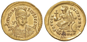 Teodosio II (402-450) Solido (Costantinopoli) Busto elmato di fronte - R/ Costantinopoli seduta a s. - RIC 257 AU (g 4,52) Modesta macchia al R/ ma sp...