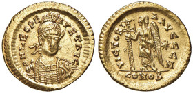 Leone I (475-476) Solido (Costantinopoli) Busto elmato di fronte - R/ La Vittoria stante a s. - RIC 605 AU (g 4,43) Graffiti nel campo del D/

Statu...