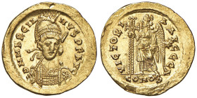 Marciano (475-476) Solido (Costantinopoli) Busto elmato di fronte - R/ La Vittoria stante a s. - RIC 510 AU (g 4,42) Schiacciature sul bordo

Status...