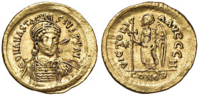 Anastasio (491-518) Solido (Costantinopoli) Busto elmato di fronte - R/ La Vittoria stante a s. - Sear 5 AU (g 4,44) Depositi e schiacciature marginal...