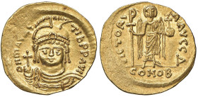 Maurizio Tiberio (582-602) Solido - Busto elmato di fronte - R/ La Vittoria stante di fronte - Sear 478 AU (g 4,48) Dall'asta Nomisma 51, lotto 681
...