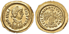 Maurizio Tiberio (582-602) Tremisse (Ravenna) Busto diademato a d.- R/ La Vittoria andante a d. - Sear 592 AU (g 1,52)

Status: qFDC