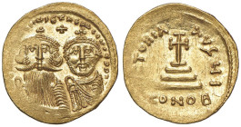 Eraclio (610-641) Solido (Costantinopoli) Busti diademati di fronte di Eraclio e Eraclio Costantino - R/ Croce potenziata - Sear 749 AU (g 4,46) Minim...