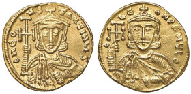 Costantino V (741-775) Solido (Costantinopoli) Busto coronato di fronte - R/ Busto coronato di fronte di Leone III - Sear 1550 AU (g 4,46) RR

Statu...