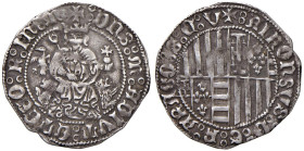 ZECCHE ITALIANE L'AQUILA Alfonso I d'Aragona (1442-1458) Carlino - MIR 72 var. (indicato R/5) AG (g 2,87) RRRRR L'attribuzione alla zecca de L'Aquila ...