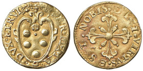 FIRENZE Ferdinando I (1587-1609) Quarto di doppia - MIR 218/2 (indicata R/5) AU (g 1,66) RRRRR Schiacciature al bordo, moneta e nominale di estrema ra...