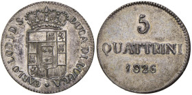 LUCCA Carlo Lodovico di Borbone (1824-1847) 5 Quattrini 1826 in argento, di presentazione - Bellesia 18 AG (g 6,16) RRRR Come omaggio al duca furono c...