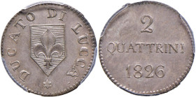 LUCCA Carlo Lodovico di Borbone (1824-1847) 2 Quattrini 1826 - Bellesia 19 AG RRR Emissione di presentazione. In slab PCGS SP 63 â€œPattern billonâ€ ...