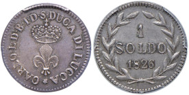 LUCCA Carlo Lodovico di Borbone (1824-1847) Soldo 1826 - Bellesia 20 AG RRR Emissione di presentazione. In slab PCGS SP 64 â€œPattern billonâ€ 593513...