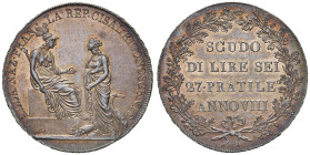 Repubblica Cisalpina (1800-18028) Scudo da 6 Lire A. VIII h 6 - Gig. 1 AG (g 23,14) Esemplare di conservazione eccezionale con splendida patina irides...