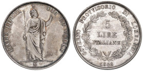 MILANO Governo provvisorio della Lombardia (1848) 5 Lire 1848 - Gig. 3 AG (g 25,05) Lievi segnetti di contatto, ma ottimi rilievi e bella patina

St...