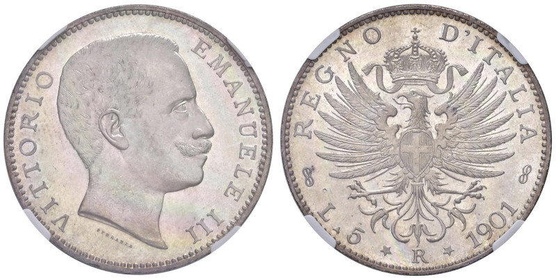 Vittorio Emanuele III (1900-1946) 5 Lire 1901 - Nomisma 1128 AG RRRR In slab NGC...