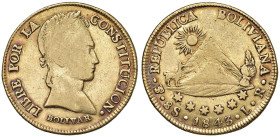 BOLIVIA 8 Escudos 1843 - KM 108; Fr. 26 AU (g 26,88)

Status: qBB/BB