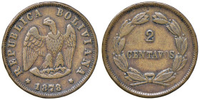 BOLIVIA 2 Centavos 1878 - KM 164 CU (g 4,89) R Colpetti al bordo, ma esemplare raro di trovare in questa conservazione

Status: BB