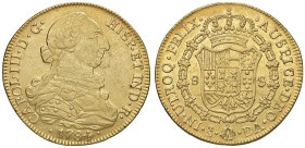 CILE Carlo III (1759-1788) 8 Escudos 1784 DA - KM 27; Cal. 2170 AU (g 26,93) Segnetti da contatto sui campi al D/. Bordo interamente limato. Metallo a...