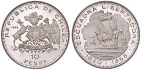 CILE 10 Pesos 1968 - KM 183 AG (g 45,00) Arrivo della Flotta della Liberazione nel 1820 sotto il comando di Lord Cochrane.

Status: FS