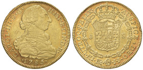 COLOMBIA Carlo III (1759-1788) 8 Escudos 1785 NR JJ - KM 50.1a; Cal. 2119 AU (g 27,00) Piccoli graffi al D/. Colpetto al bordo. Splendida patina dal c...