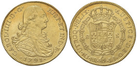 COLOMBIA Carlo IV (1788-1808) 8 Escudos 1791 JJ - KM 62; Cal. 1719 AU (g 27,01) Minimo colpetto al bordo. Due piccoli graffi sul busto

Status: qSPL