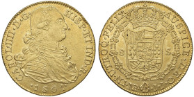 COLOMBIA Carlo IV (1788-1808) 8 Escudos 1801 JJ - KM 62; Cal. 1738 AU (g 27,00) Colpetto al bordo e nel campo al D/. Metallo ancora lucente al R/

S...