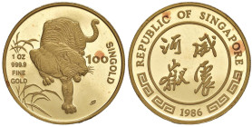 SINGAPORE 100 Singold 1986 Anno della tigre - X 19 AU (g 31,11) 2.000 pezzi coniati

Status: FS