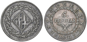 SPAGNA Barcellona - Catalogna Napoleonica (1808-1814) 5 Pesetas 1810 - Cal. 46; KM 69 AG (g 26,75)

Status: BB-SPL