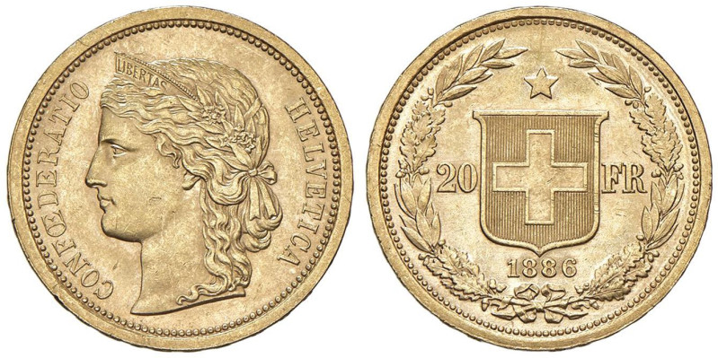 SVIZZERA Confederazione - 20 Franchi 1886 - KM 31 AU (g 6,45) Segnetti al D/

...