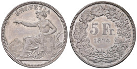 SVIZZERA Confederazione - 5 Franchi 1874 - KM 11; HMZ 2 1197 AG (g 25,00) Orientamento del conio h 6

Status: SPL