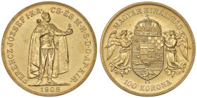 UNGHERIA Francesco Giuseppe (1848-1916) 100 Corone 1908 Riconio - Fr. 249R AU (g 33,85) Hairlines

Status: FDC