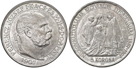 UNGHERIA Francesco Giuseppe I (1848-1916) 5 Corone 1907 - KM 489 AG (g 26,28) Minimi segnetti di contatto al D/, ma comunque esemplare in altissima co...