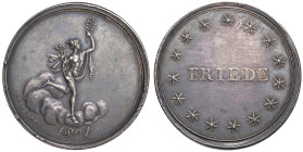 Medaglia 1801 Pace di Luneville D/ Mercurio in corsa tra le nuvole tiene con la dx il caduceo e con la sx un ramo di palma. Sotto: 1801. A sx: P. MERK...
