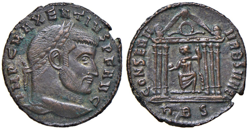 Massenzio (307-312) Follis - Busto laureato a d. - R/ Roma seduta di fronte in t...