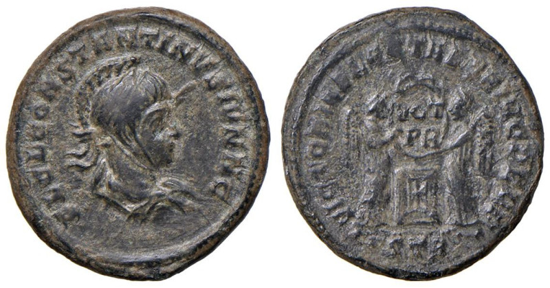Costantino I (307-337) AE follis (Treviri) Busto laureato ed elmato a d. - R/ Du...