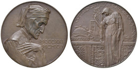 RAVENNA. Medaglia 1921 Per il Vi centenario della morte di Dante, La Religione velata regge ramo d'ulivo e Croce; sullo sfondo la cupola della Tomba d...
