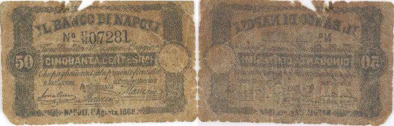 Banco di Napoli - 50 Centesimi 01/08/1868 UH 07281 - Strappi e mancanze

Statu...