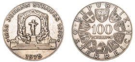 Austria, Second Republic, 1945-. 100 Schillings, 1975, 150th Anniversary of Birth of Johann Strauss, Vienna mint, 24.00g (KM2923).

Extremely fine.