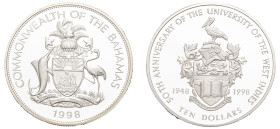 Bahamas, Elizabeth II, 1952-2022. AR Proof 10 Dollars, 1998, 50th Anniversary of the University of the West Indies (1948-1998), Royal mint, 31.10g (KM...