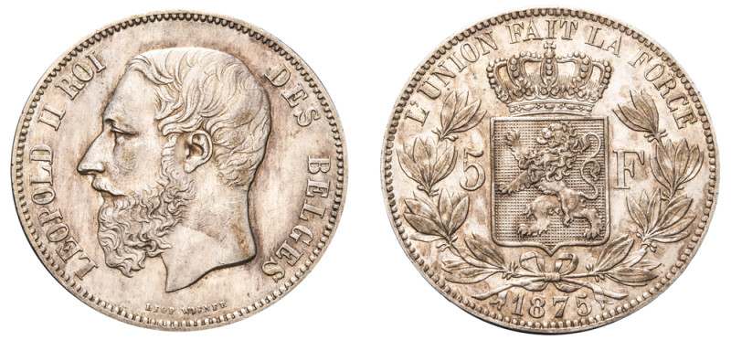 Belgium, Leopold II, 1865-1909. 5 Francs, 1875, Brussels mint, 24.97g (KM24; Dav...