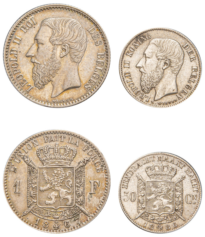 Belgium, Leopold II, 1865-1909. Lot of 2 coins comprising Franc, 1867, Brussels ...