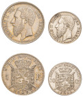 Belgium, Leopold II, 1865-1909. Lot of 2 coins comprising Franc, 1867, Brussels mint, 4.96g (KM28) and 50 Centimes, 1886, Brussels mint, Dutch text, 2...