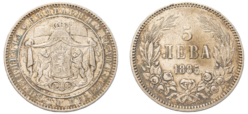 Bulgaria, Alexander I, 1879-1886. 5 Leva, 1885, St. Petersburg mint, 24.85g (KM7...