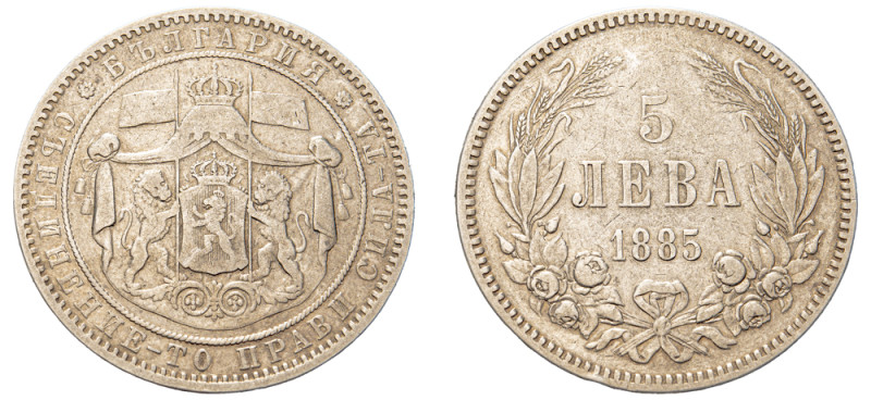 Bulgaria, Alexander I, 1879-1886. 5 Leva, 1885, St. Petersburg mint, 24.74g (KM7...