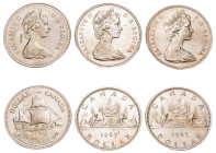 Canada, Elizabeth II, 1952-2022. Lot of 3 coins comprising Dollar (2), 1965, Ottawa mint, 23.41g and 23.53g (KM64.1) and Dollar, 1979, 300th Anniversa...