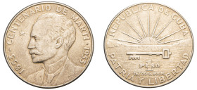 Cuba, First Republic, 1902-1906 and 1909-1959. Peso, 1953, 100th Anniversary of José Martí birthdate, Philadelphia mint, 26.73g (KM29).

Extremely fin...