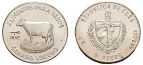 Cuba, Second Republic, 1959-. AR 5 Pesos, 1986, Cattle - Series: FAO, Havana mint, 12.00g (KM103; JMA-AAEE103).

Brilliant uncirculated.

Mintage of 4...