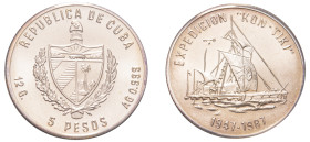 Cuba, Second Republic, 1959-. AR 5 Pesos, 1987, 40th Anniversary (1947-1987) of the Expedition Kon-Tiki - Series: Kon-Tiki Expedition, Havana mint, 12...