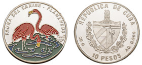 Cuba, Second Republic, 1959-. Coloured AR Proof 10 Pesos, 1994, Flamingos - Series: Caribbean Fauna Serie I, Havana mint, 20.18g (KM442.2).

Uncircula...