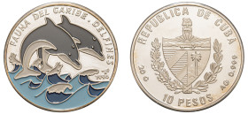 Cuba, Second Republic, 1959-. Coloured AR Proof 10 Pesos, 1994, Dolphins - Series: Caribbean Fauna Serie I, Havana mint, 20.00g (KM499.2).

Uncirculat...