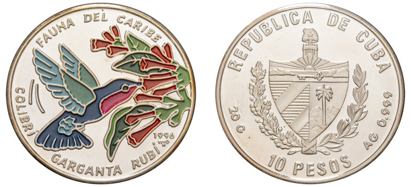 Cuba, Second Republic, 1959-. Coloured AR Proof 10 Pesos, 1996, Purple Throated ...