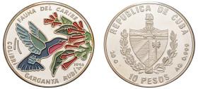 Cuba, Second Republic, 1959-. Coloured AR Proof 10 Pesos, 1996, Purple Throated Hummingbird - Series: Caribbean Fauna, Havana mint, 20.12g (KM553).

U...